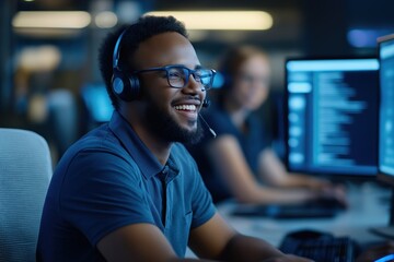 Call Center Agents Working With Headsets in Busy Office With Supervisor and Multiple Screens