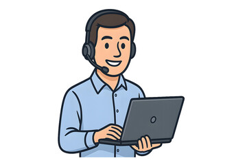 Customer service agents wearing headsets work in a modern call center, assisting clients with professionalism. The images show people and illustrations, focusing on communication, teamwork, and suppor