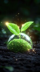 Young sprout emerges from a water droplet on fertile ground, glittering with light particles