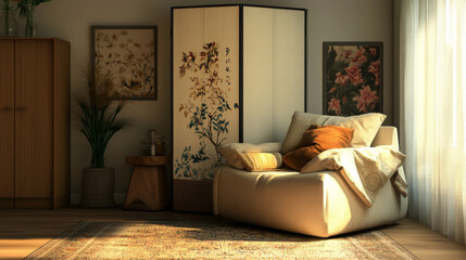 Stylish composition of modern cozy living room interior with structure painting on the wall, beige armchair, folding screen and personal accessories. Creative wall, carpet on the floor. Template.