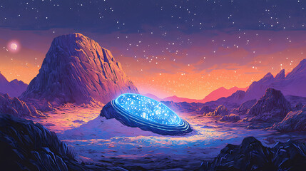 Unearthing the mysteries of a glowing alien artifact buried in the sands of an otherworldly desert landscape. Luminous Relic. Illustration