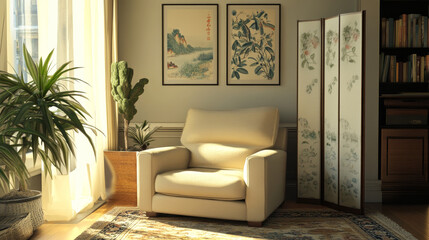 Stylish composition of modern cozy living room interior with structure painting on the wall, beige armchair, folding screen and personal accessories. Creative wall, carpet on the floor. Template.