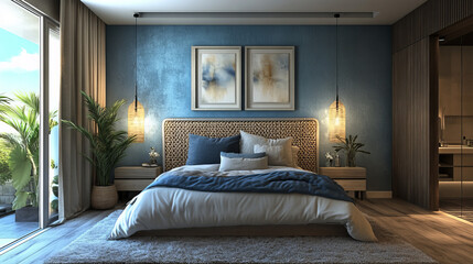 A sophisticated bedroom featuring a ribbed headboard, layered pillows, and sculptural decor. Muted blue tones and natural materials create a harmonious retreat.