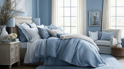An artistic composition of soft blue bedding paired with complementary decor items, highlighting the textures and layers of a serene bedroom.