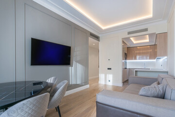 A small studio with a modern interior design in the sunlight. A cozy room with a division into zones.