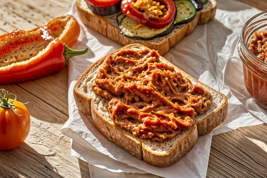 thin open sandwiches with ajvar snack from baked sweet red pepper and eggplant on white bread biberli ekmek concept kahvaltı
