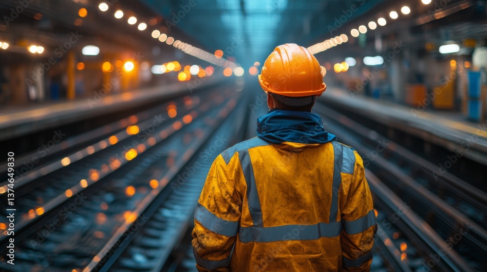 Leinwandbilder a worker in safety gear observes railway tracks in a well lit station during evening hours, ensuring