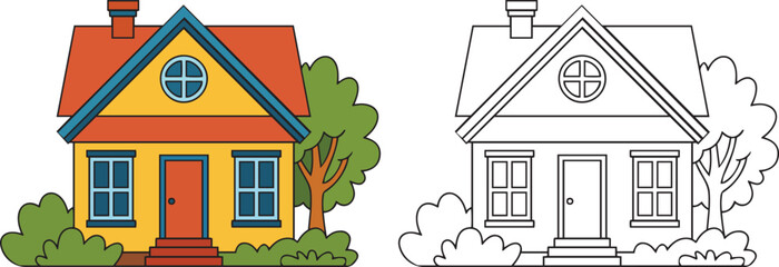 House Illustration, Colored and Outline coloring page Vector Set