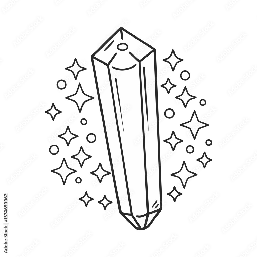 Poster vector illustration of a tall faceted crystal surrounded by sparkles in a clean, minimal linear styl