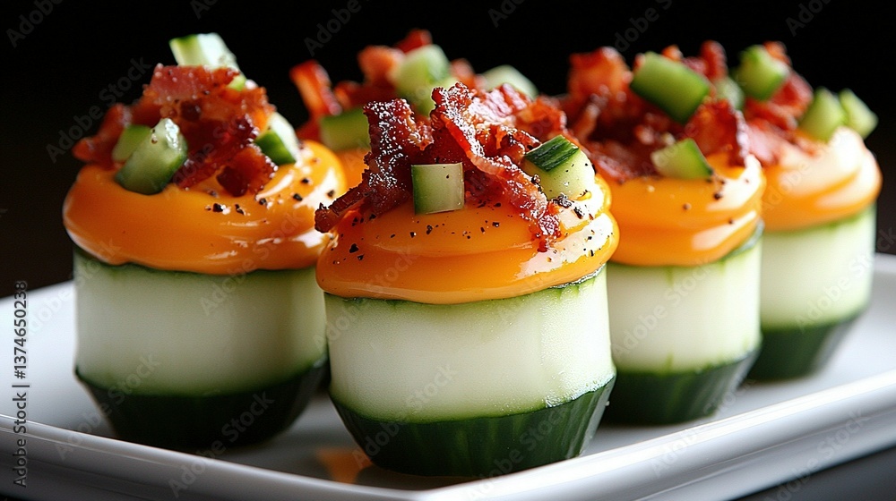 Poster a close-up of a plate of food featuring cucumber slices topped with bacon
