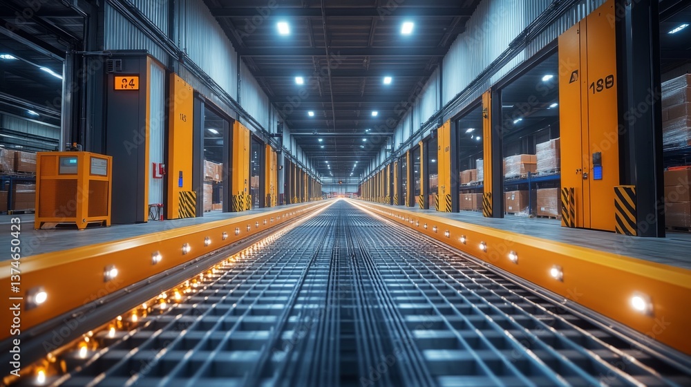 Poster inside a modern logistics warehouse, well lit aisles showcase neatly stacked inventory, highlighting