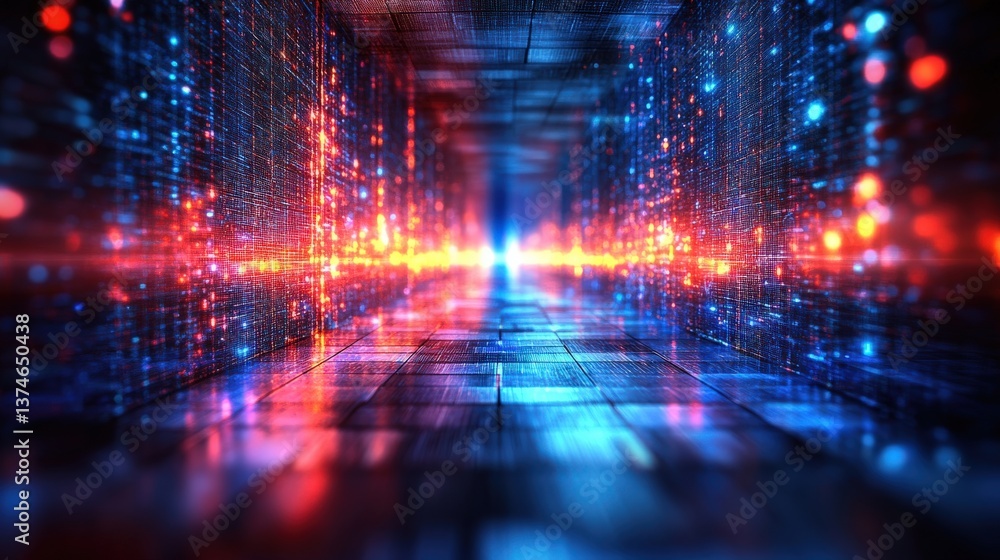Poster abstract digital tunnel with glowing red and blue data streams, futuristic technology background.
