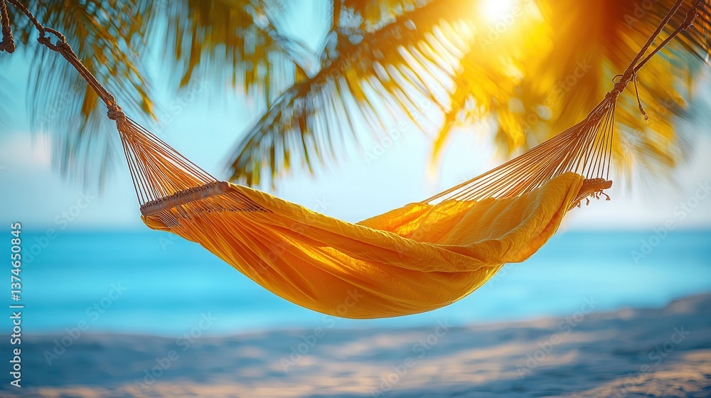 Poster a hammock dangles from a palm tree on a beach with sunlight filtering through the palm leaves