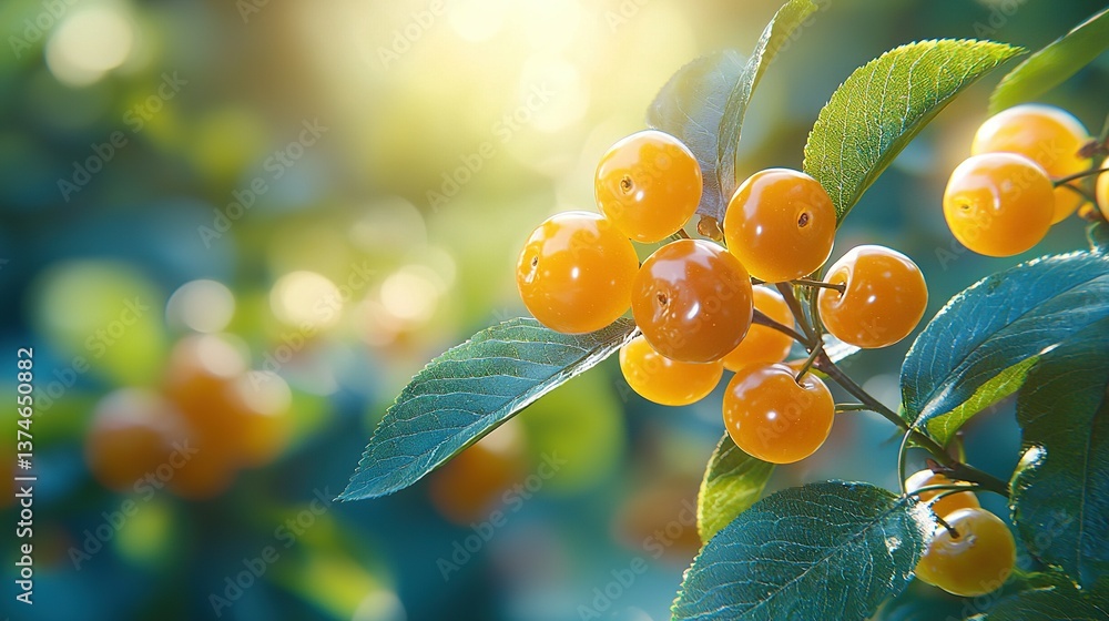 Poster a close-up of oranges on a tree branch with sun rays filtering through the foliage