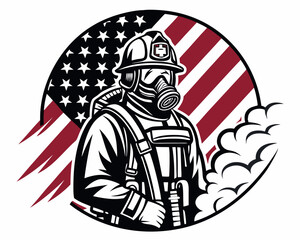 Firefighter in full gear holding hose with American flag and thin red line.