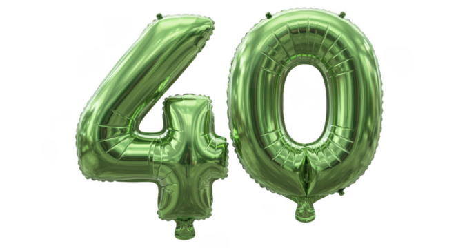 A pair of shiny green number balloons forming the number forty against a black background space