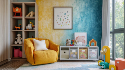 Creative composition of kids room interior with mock up poster frame, wall with stucco, colorful sideboard, braided armchair, plush toys, brown pillow and personal accessories. Home decor. Template.