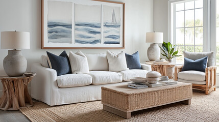 A stylish living room showcasing a modern sofa, abstract wall art, and cozy furnishings. The blend of neutral tones and natural elements creates a warm atmosphere.
