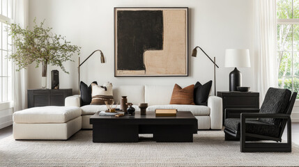 Domestic interior of living room with design modular sofa, black coffee table, lamp, armchair, decoration, art paintings and elegant personal accessories in modern home decor. Template.