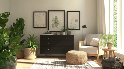 Stylish scandinavian composition of living room with design commode, black mock up poster frames, armchair, wooden stool, book, decoration, plants and personal accessories in modern home decor.