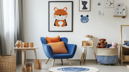 Interior design of kids room with mock up poster frame, round wooden table, blue, orange armchair, plush toys, animal rug, wooden blockers, wicker basket and personal accessories. Home decor. Template