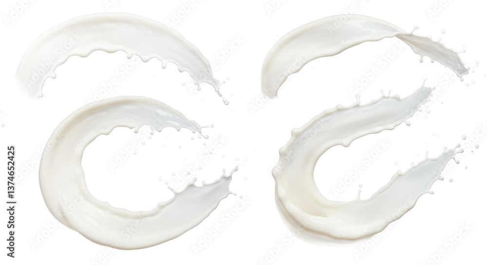 Poster four isolated milk splashes in dynamic motion against a stark black background creating abstract sha