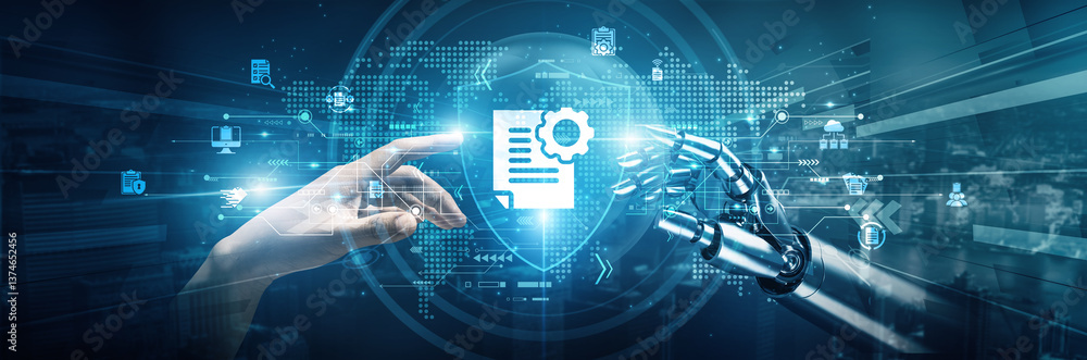 Poster hands of robot and human touch on document management enhance efficiency improve accuracy optimize w