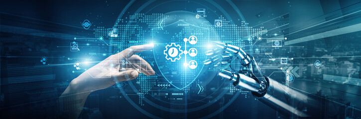 Hands of robot and human touch on Enterprise Resource Planning (ERP) optimize workflows enhance data integration improve decision-making automate processes strengthen collaboration boost efficiency.