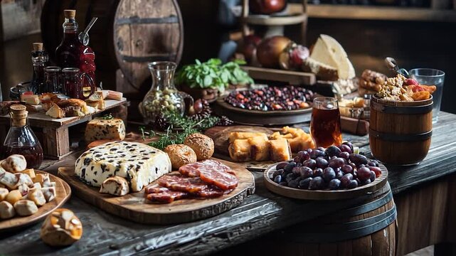 Rustic table spread with assorted cheeses, meats, and fruits in cozy setting
