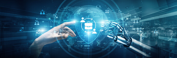 Hands of robots and human touch on B2B business automation innovation collaboration technology transformation efficiency digitalization connectivity, and growth.