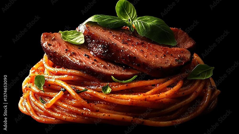 Poster a close-up image of a heap of food featuring meat and veggies stacked on top of each other on a dark