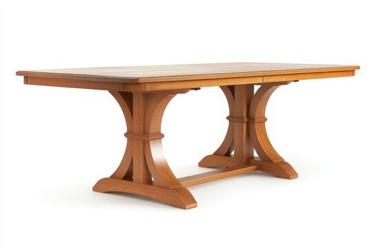 A light brown wooden dining table with a trestle base sits on a white background 