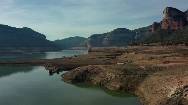 Aerial view of the Sau reservoir in drought.