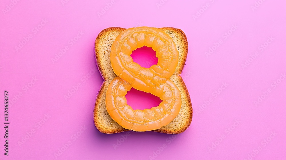 Aufkleber a zoomed-in image of a slice of bread with an eight-shaped doughnut on a pink backdrop
