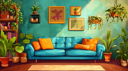 Modern and colorful interior of living room with design boucle sofa, mock up poster, shelf, plants, decorations and personal stuff. Home decor.	