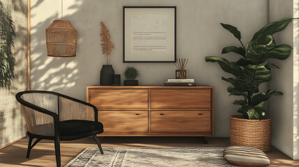 Unique living room in modern style interior with design wooden commode, black chair, rattan decoration, copy space, book, carpet and elegant accessories in home decor. Template.