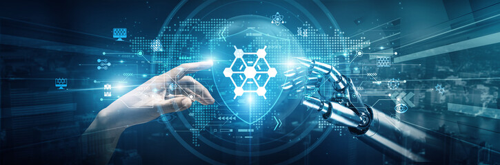 Hands of robots and human touch on nanotechnology enhance collaboration in material engineering medical applications and environmental solutions. Robotics supports precision scalability and innovation