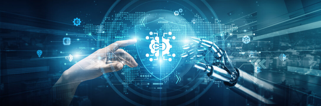 Hands of robots and human touch on machine learning enhance collaboration in data analysis automation and decision-making. Robotics supports adaptability efficiency and predictive modeling.