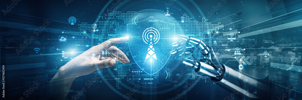 Poster hands of robots and human touch on telecommunications enhance connectivity efficiency and innovation