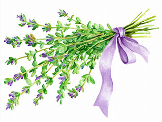 Thyme herb bundle branch ribbon botanical watercolor foliage green leaf garden plant aromatic detail vintage cooking seasoning nature rustic floral purple bloom garnish illustration clipart border