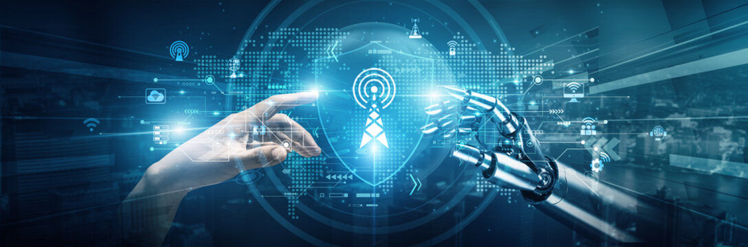 Hands of robots and human touch on telecommunications enhance connectivity efficiency and innovation in networks. Robotics supports infrastructure maintenance and optimization while humans strategic.