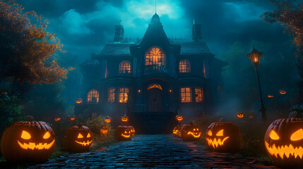 Haunted Mansion Halloween Night: Jack-o'-lanterns illuminate the path to a mysterious Victorian house shrouded in an eerie blue mist, creating a captivating Halloween scene.