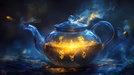 A glass teapot of midnight-blue potion, steaming with luminescent golden mist that forms ancient runes midair. Gilded Runes. Illustration