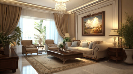 Cosy and elegance arrangement  of living room interior with design sofa, stylish furnitures, paintings, and personal accessories. Modern home decor. Template.