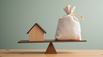 Home loan, reverse mortgage and saving for a real estate concept : house model, loan bag on basic balance scale, depicts saving for a house or flat manageable and turn a home buying dream into reality
