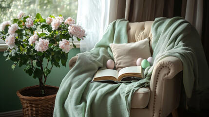 A cozy reading nook decorated with Easter accents. A soft armchair, an open book, and a warm green blanket set a relaxed ambiance, complemented by pastel-colored eggs and fresh flowers.