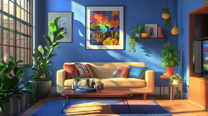 Interior design of modern living room interior with mock up poster frame, colorful decorations and accessories, plants, sofa, coffee table. Blue wall. Home decor. Template	
