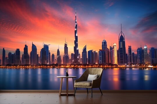 Breathtaking Dubai skyline at dusk with reflections of Burj Khalifa in shimmering water