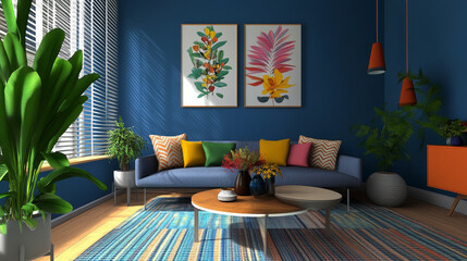 Interior desgin of modern living room interior with mock up poster frame, colorful decorations and accessories, plants, sofa, coffee table. Blue wall. Home decor. Template