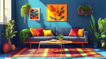Interior desgin of modern living room interior with mock up poster frame, colorful decorations and accessories, plants, sofa, coffee table. Blue wall. Home decor. Template